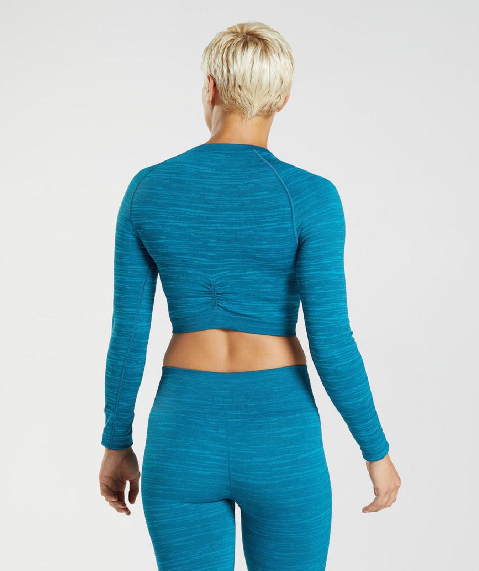 Przycięte Topy Damskie Gymshark Adapt Marl Seamless Long Sleeve Niebieskie Ciemny Szare Niebieskie | PL 2621PJJ